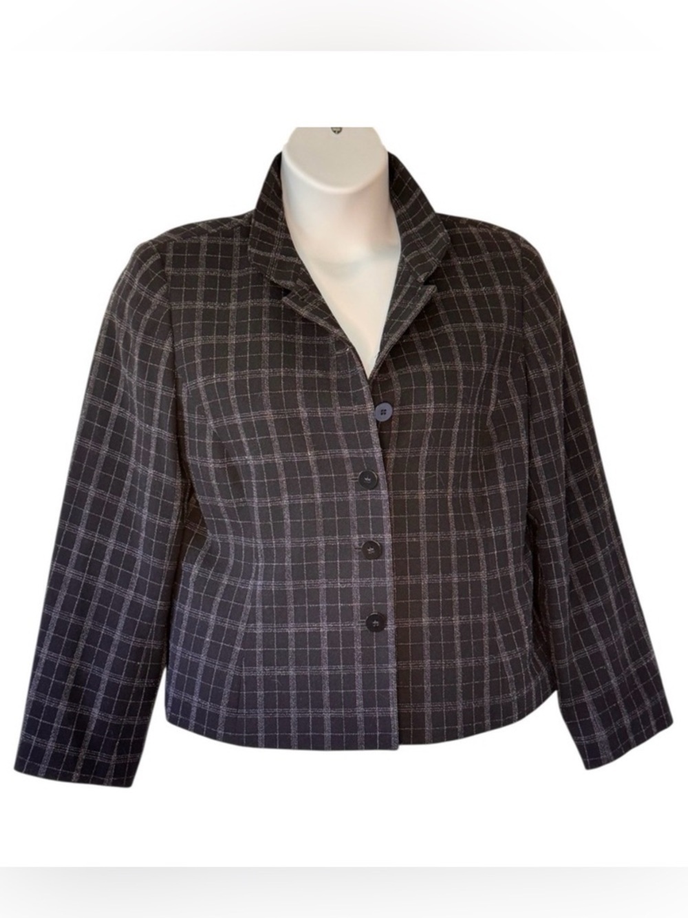 Lafayette 148 New York Wool Blazer Black and Grey Plaid Fitted Career Women's 12